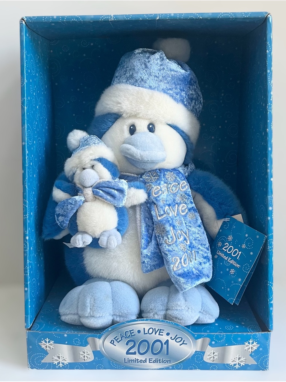 Vtg Y2K 2001 Dan Dee Christmas Blue Penguin Mother Baby Plush Peace Love Joy 16”